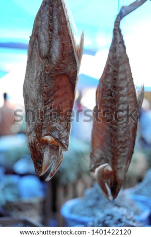 Dried salt preserved salted fish seafood at Traditional fish market stall 