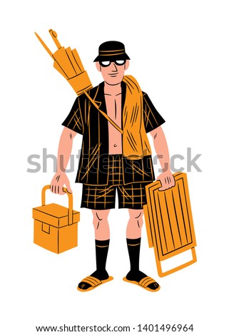 Vector illustration of a tourist carrying an umbrella, a folding chair, a towel and a cooler, cartoon style.