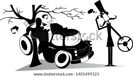 Man have got into a road accident illustration. Upset long mustache man in the top hat holding a steering wheel stands near the car which crashed into the tree and thinks black on white