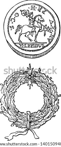 The front of Coin shows a soldier mounted on a horse and the other side has a picture of the crown, vintage line drawing or engraving illustration.
