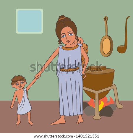 cartoon ancient Greek woman with kids at the kitchen, funny vector historical illustration of female roles