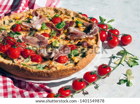 Tart or quiche with bacon, green beans, tomatoes and cheese on the table lit by the morning sun. French cuisine. 