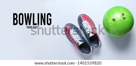 Bowling shoes and bowling ball on white background. Indoor family sports. Top view. Copy space