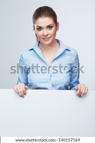 Business woman blank white banner, card isolated studio portrait. Female model poses.