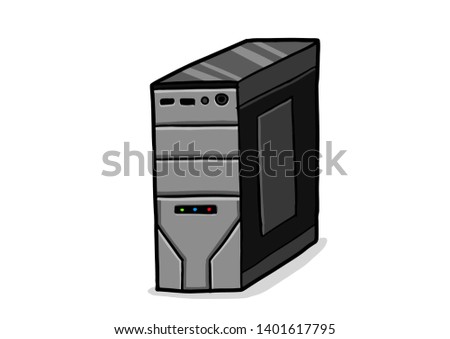 Power block base chassis miditower cabinet isolated on white backdrop. Freehand outline black ink hand drawn picture sketchy in art scribble style pen on paper. Closeup side view with space for text
