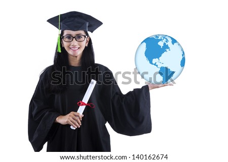 Attractive woman holding a globe and certificate on white background