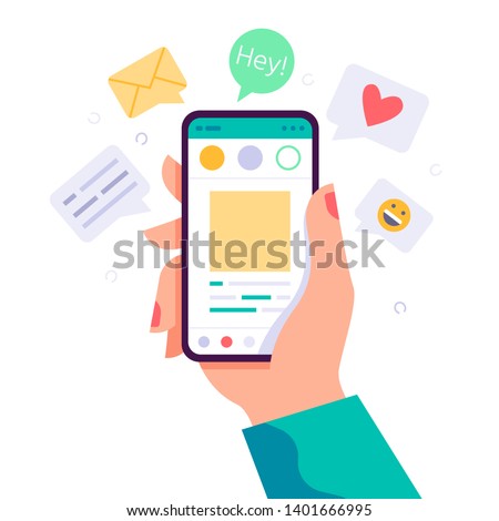 Female hand holding phone with message, icons and emoji. Communication concept on white background. Social networking concept. Vector flat cartoon illustration for web sites and banners design