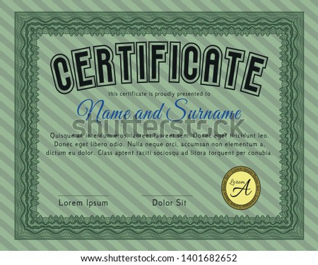 Green Classic Certificate template. Elegant design. Vector illustration. With guilloche pattern. 