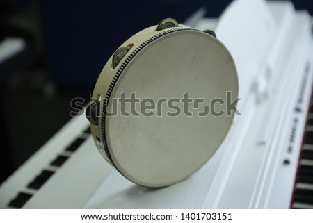  tambourine made of genuine leather on a white background piano
