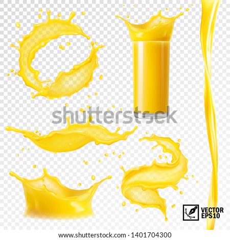 3D realistic set of isolated vector different splashes of juice of orange, mango, bananas and other fruits, transparent glass with a splash, spray and vortex juice Royalty-Free Stock Photo #1401704300