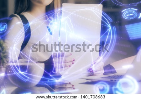 Education theme hologram over woman's hands writing background. Concept of study. Double exposure