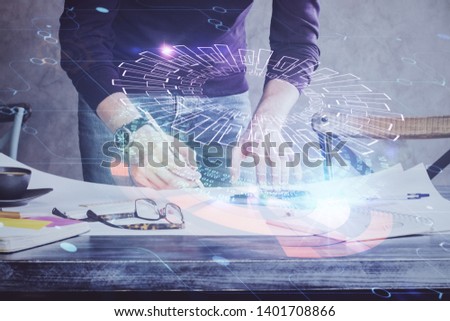 Man hands with data theme double exposure icons.