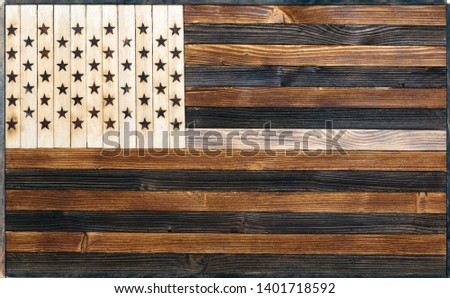 Fading wooden boards with USA flag painted on boards. Vignette border. 