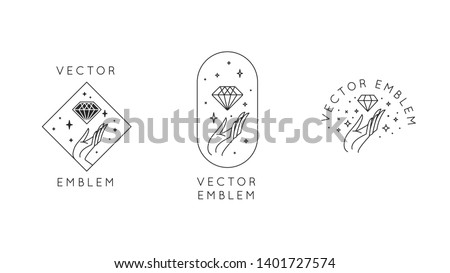 Vector abstract logo design templates in trendy linear minimal style - hands with diamond and stars - symbols for cosmetics, jewellery, beauty products 