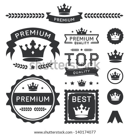 Set of royal crown badges and vector labels. This premium design element collection contains a stylish crown ornaments. Represents authority, quality, royalty, king, queen, awards, and class. Eps10.