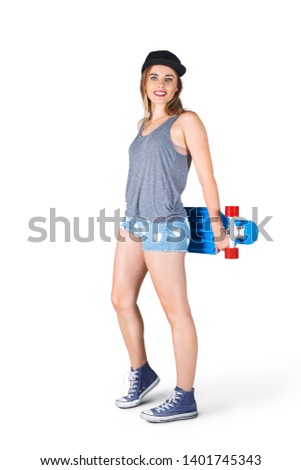Portrait of young woman with skateboard isolated on white background
