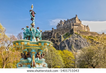 Ross Fountain and Edinburgh Castle in Edinburgh , Scotland Royalty-Free Stock Photo #1401751043