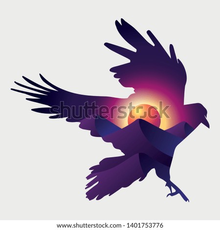 Animal and Nature Double Exposure. Bird Silhouette with Landscape Desert and Sun. Abstract vector Illustration for your Design.