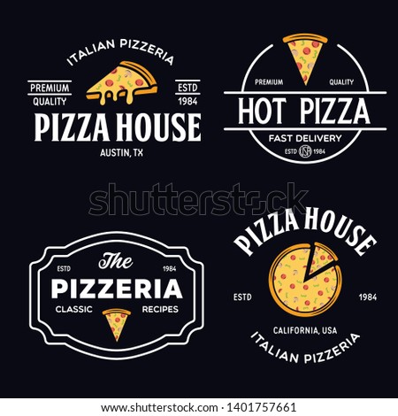 Set of pizza logo, badges, banners, emblems for fast food restaurant. Collection labels for menu design restaurant or pizzeria. Isolated vector illustration.
