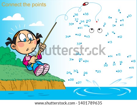 In vector illustration, a puzzle in which you need to connect the dots in order to find out who the girl caught fishing