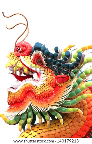 Head of Chinese dragon statue on white background.