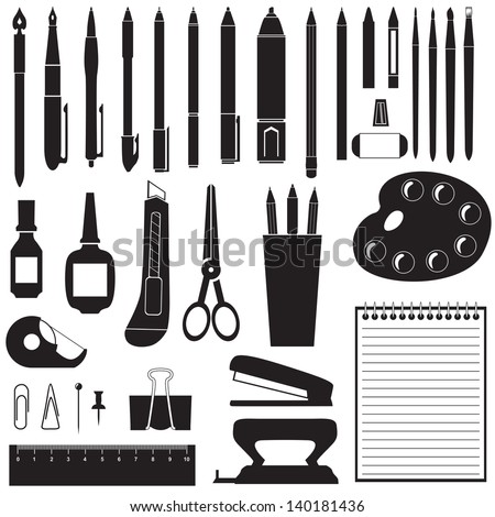 Silhouette image of different stationery Royalty-Free Stock Photo #140181436