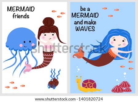 cute cards with mermaids part 3 - vector illustration, eps