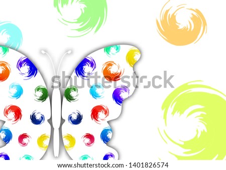 Beautiful abstract background with white butterfly silhouette on a white background. Creative design of the wings, bright multi-color brush strokes. Vector illustration