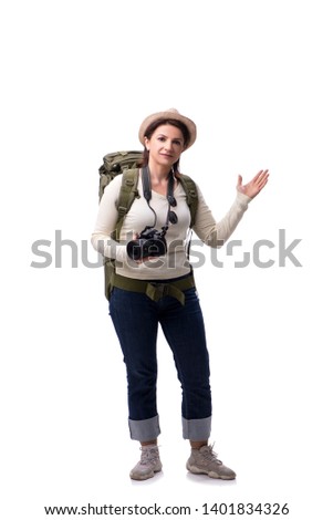 Aged female tourist isolated on white 