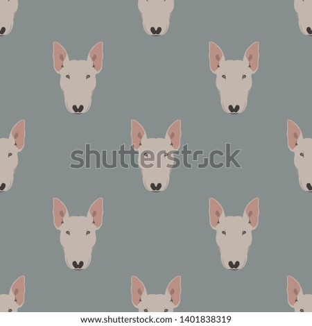 Seamless geometrical animal pattern with stylized heads of Bull Terrier dogs. Flat cartoon style. 
