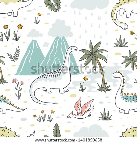Doodle dinosaur pattern. Seamless textile dragon print, trendy childish fabric background, cartoon dinosaurs. Vector graphic background sketch