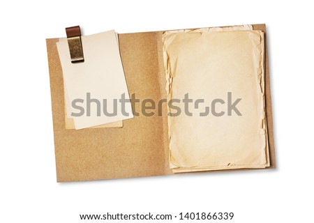 Folder with yellowed paper sheets and mock up for vintage cards or photo isolated on white background