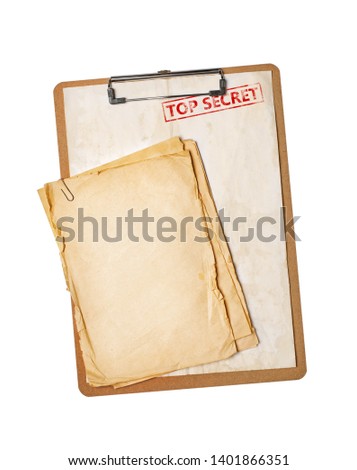Mockup of empty old vintage top secret paper sheets on clipboard isolated on white background
