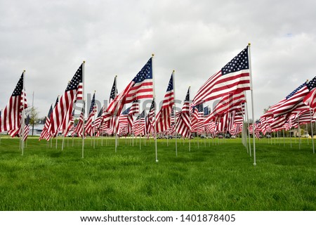 A large grouping of waiving US Flags display showing horror and support for Memorial Day. 
