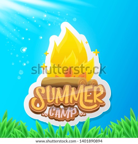 vector summer kids camp cartoon logo with campfire isolated on blue sky background. Summer camp vintage funky flyer, funny label or poster design template with fireplace and calligraphic text 
