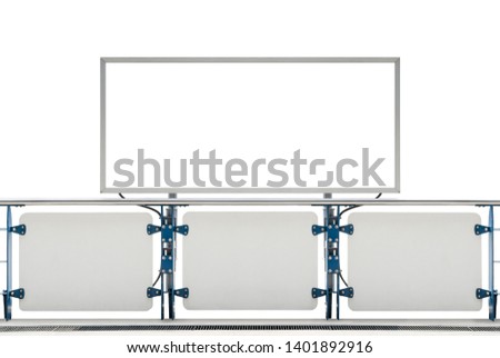 Empty white blank space template mock up of outdoor lightbox or poster billboard banner on safety sidewalk railing and panel barrier isolated on white background with clipping path