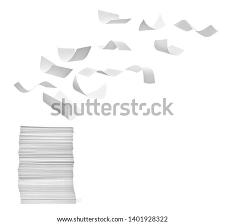 close up of a stack of paper and flying papers on white background