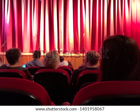 Blurred the people waiting and watching to theater, stage, off velvet dark red curtain image, photo Royalty-Free Stock Photo #1401958067
