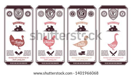 Vector butcher's shop logo. Fresh chicken, duck, turkey and goose modern style labels. Farm animals icons.