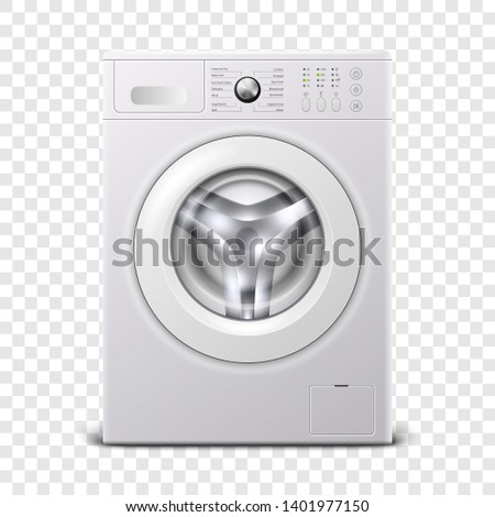 Vector 3d Realistic Modern White Steel Washing Machine Icon Closeup Isolated on Transparent Background. Design Template of Wacher. Front View, Laundry Concept Royalty-Free Stock Photo #1401977150