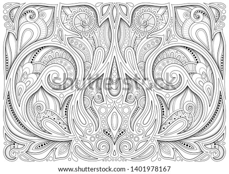 Monochrome Floral Background in Paisley Garden Indian Style. Decorative Composition with Flowers. Natural Doodle Motifs. Coloring Book Page. 3d Contour Illustration. Abstract Ornate Art