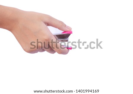 Closeup woman hand holding and using stapler mock up template isolated on white background. Clipping path.