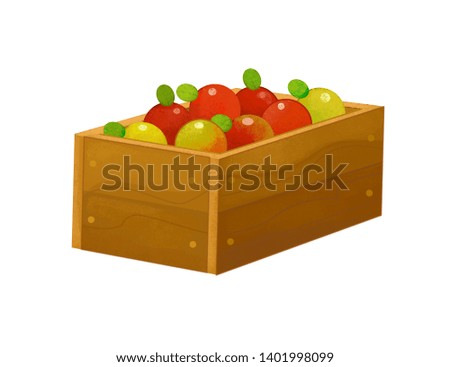 cartoon scene with wooden crate full of tasty fruits on white background - illustration for children