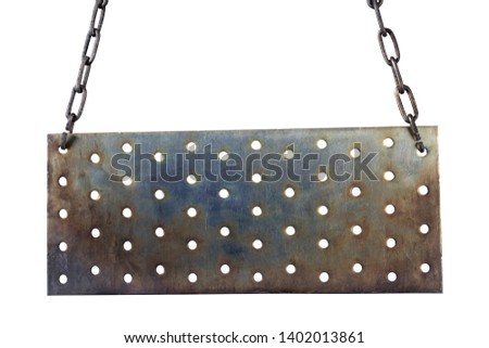Perforated metal steel plate hanging on chains isolated on white background.