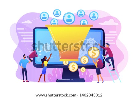 Monetization tips. Increasing conversion rates strategy. Attracting followers. Generating new leads, identify your customers, SMM strategies concept. Bright vibrant violet vector isolated illustration Royalty-Free Stock Photo #1402043312