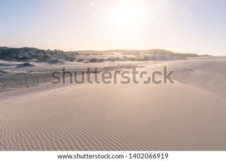 Landscape photo of a sand dune with sand waves and the sun setting in the horizon. Shot in Platboom beach, Cape Town, Western Cape, South Africa.