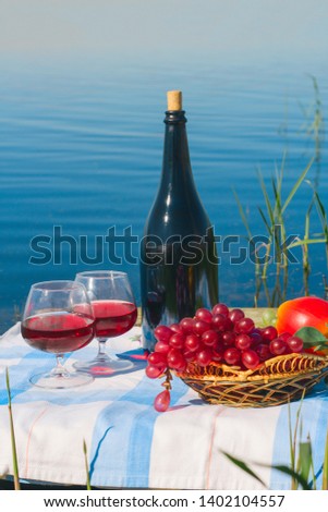 red wine and fruit basket , picnic on the lake and summer vacation concept