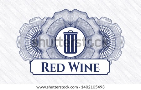 Blue abstract rosette with trash can icon and Red Wine text inside