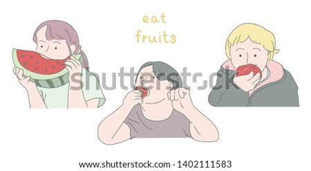 Cute children are eating fruits. hand drawn style vector design illustrations. 