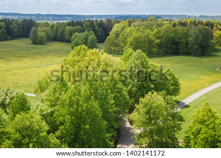 Nice aerial view to meadow, trees and footpath, Czech landscape